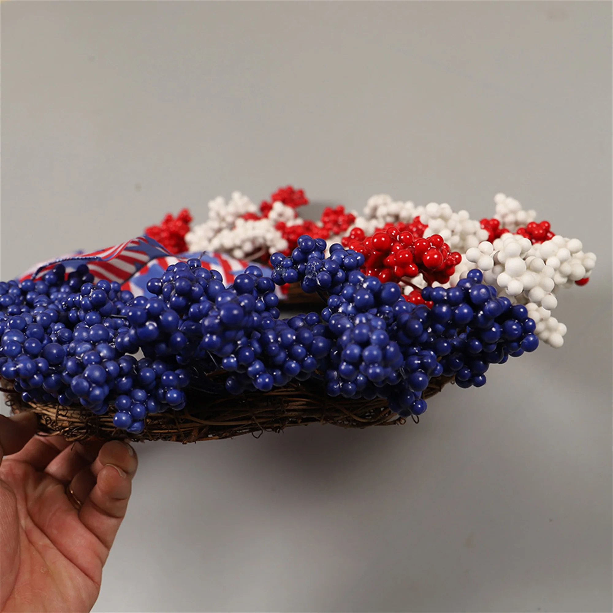 

Patriotic Red White and Blue Star Spangled Banner Wreath for Independence Day Celebration - Festive Outdoor Door Decor