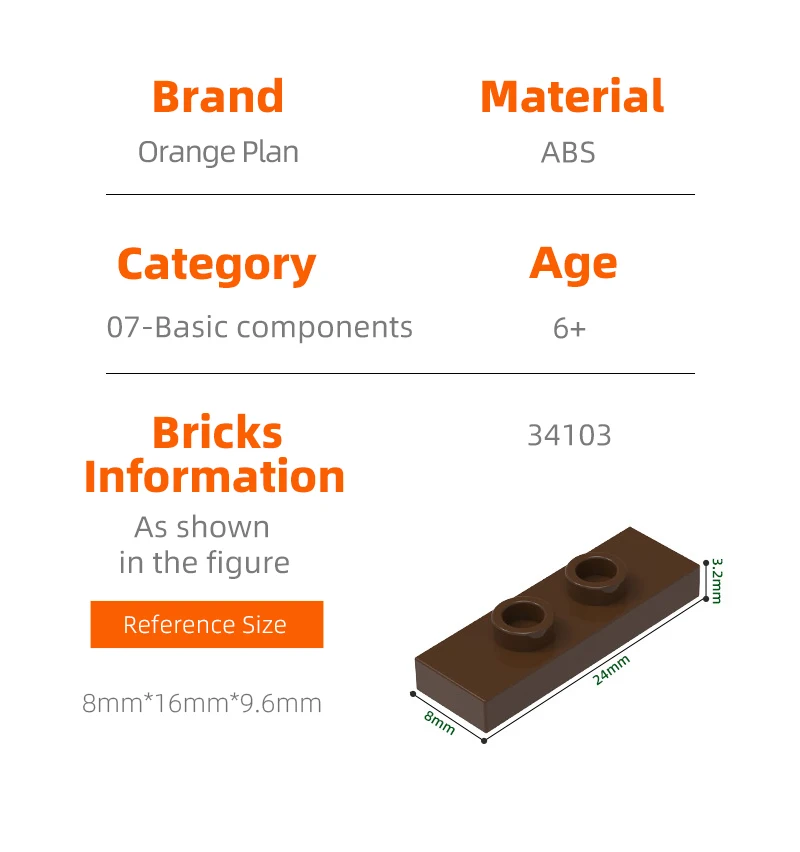 Orange Plan 34103 100g/223PCS 1x3 with 2 Studs DoubleBlock Moc Compatible with Brick DIY Children's Toy Assembly Parts