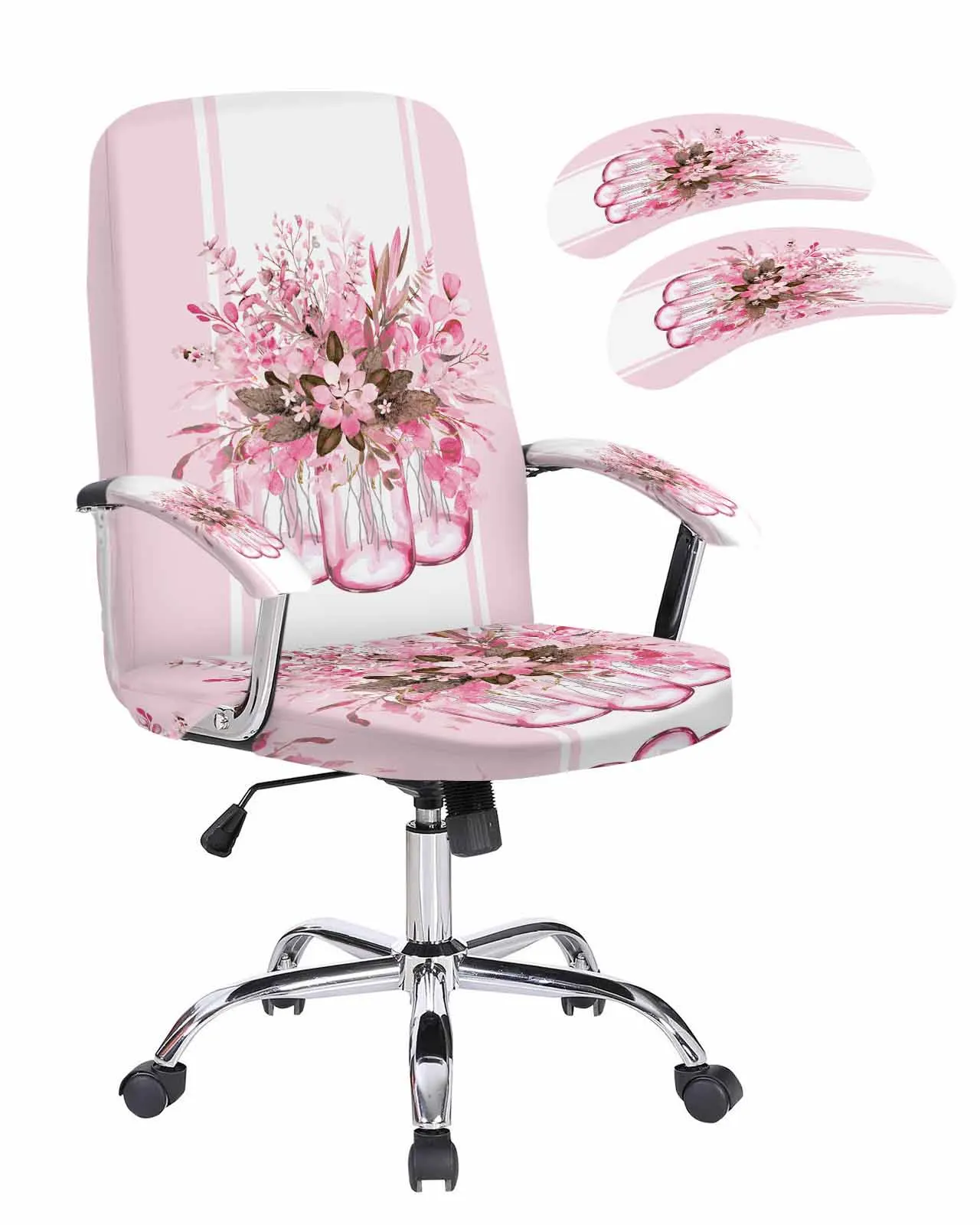 유칼립투스 잎 꽃 스트라이프 핑크 탄성 사무실 의자 커버, 게임용 컴퓨터 의자 안락 의자 보호대 시트 커버