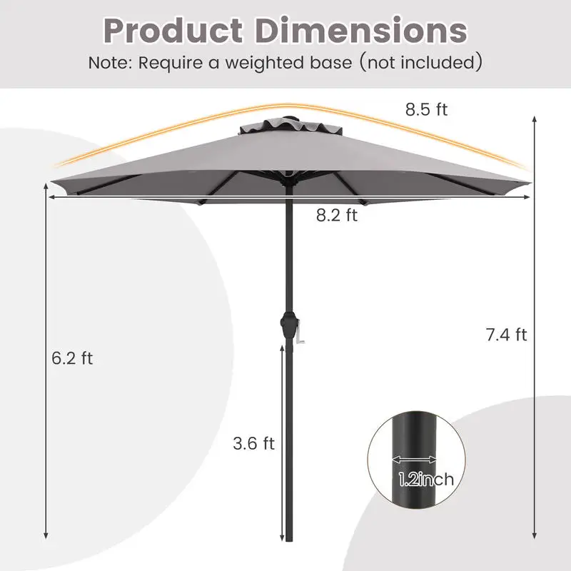 Heavy Duty Market Patio Umbrella with Crank Handle and 8 Reinforced Ribs, Durable Outdoor Garden Shade Canopy for Deck Terrace, Gray