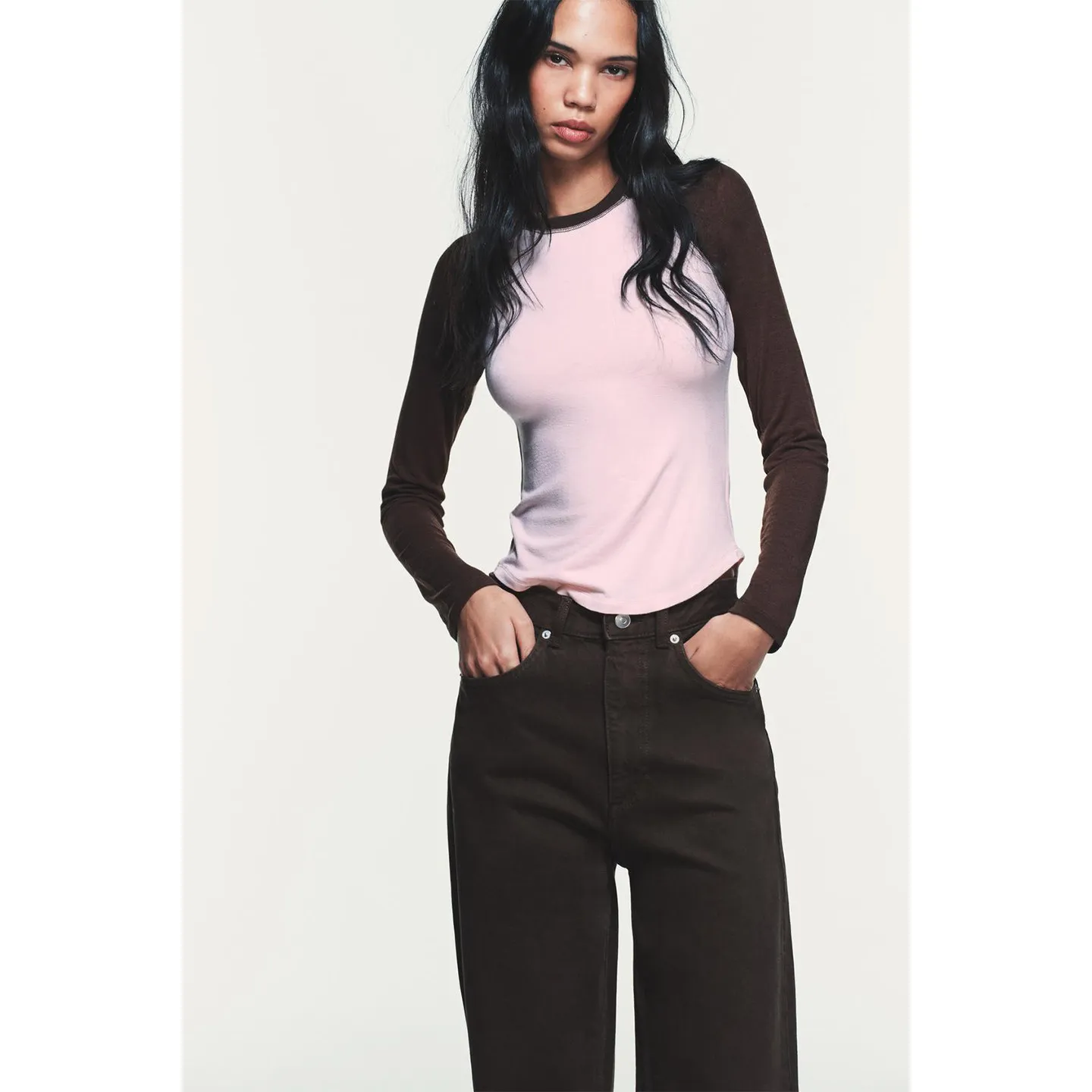 Spring New Women's Slim Fit round Neck Long Sleeve T-Shirt Color Block Shoulder Insertion Polyester Fiber Commute Style 5039315