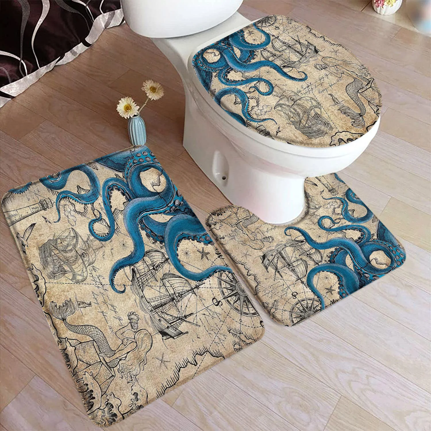 Octopus Sea Turtle Bath Mat Set Marine Animal Seahorse Starfish Vintage Nautical Map Home Rugs Bathroom Decor U-Mat Toilet Cover