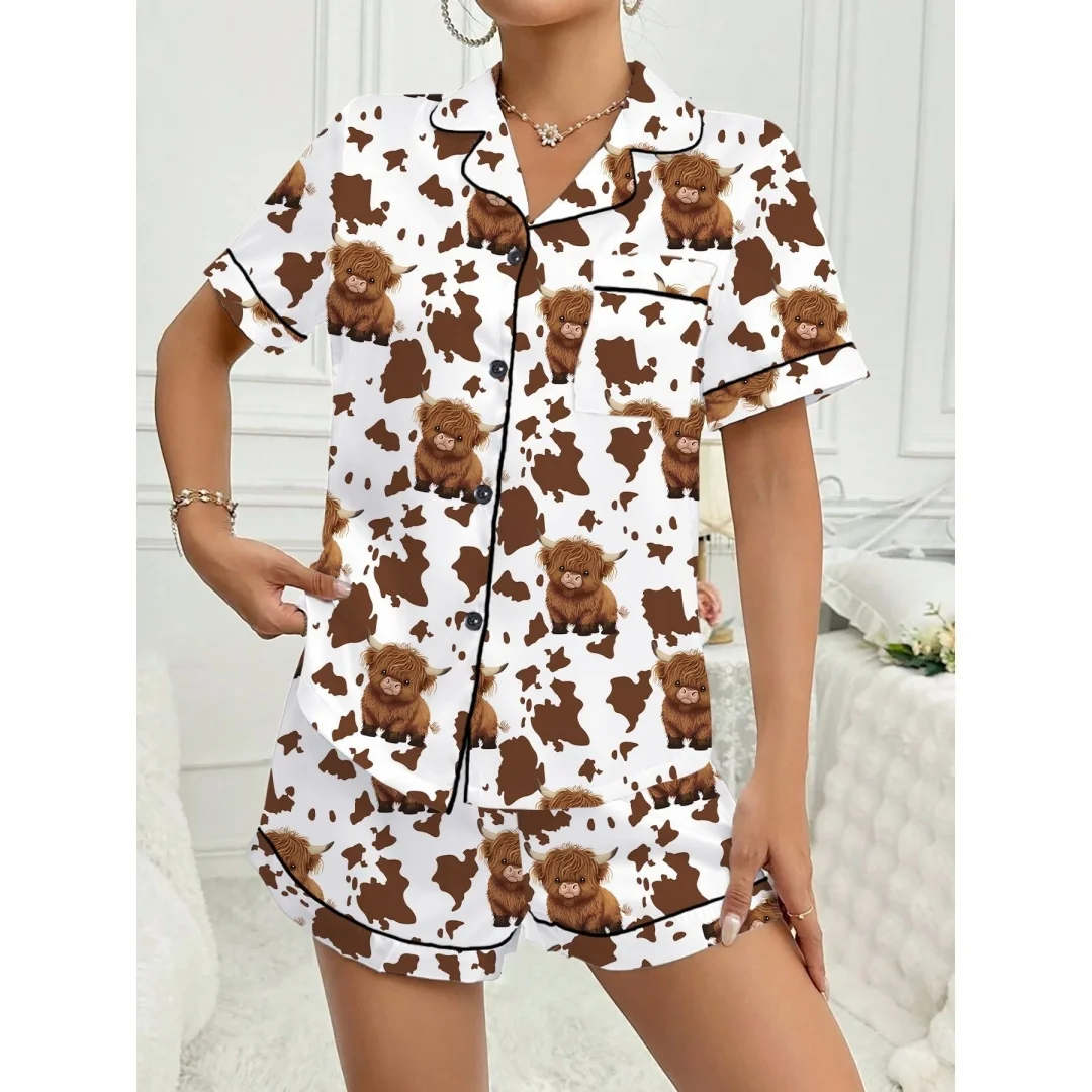 

Cute Highland Cattle Cow Print Pajamas for Women Home Wear Set Lapel Short-sleeved Shirts Short Pants Easter Summer Gifts