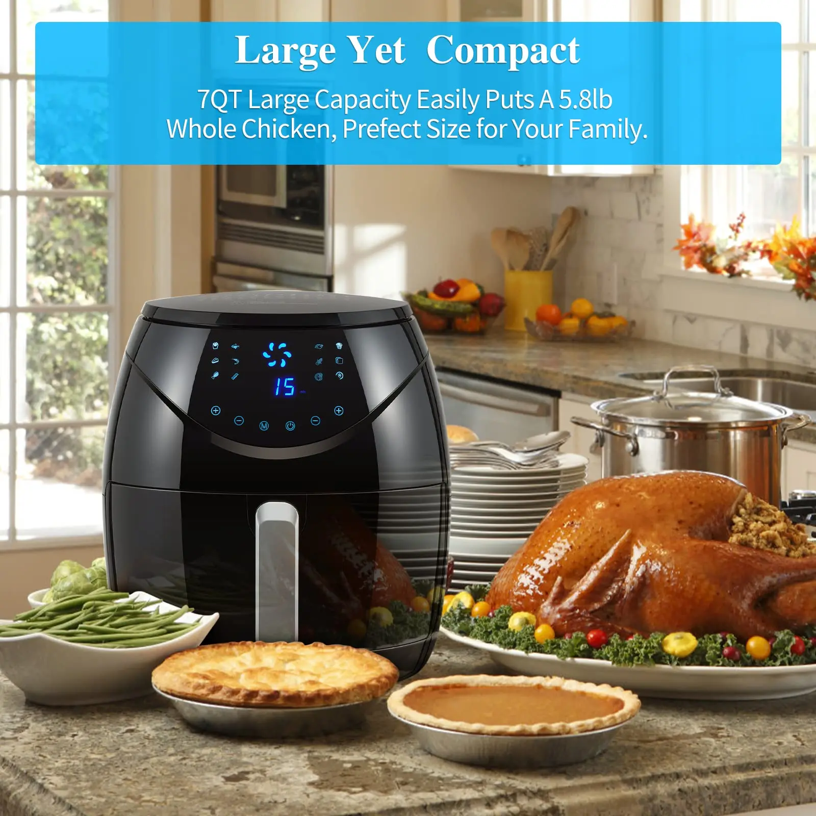 فرن مقلاة هوائية سعة 6.5 لتر 12 في 1 XL - مقلاة هوائية ساخنة كهربائية بحجم عائلي سعة 7 لتر مع كتاب الطبخ