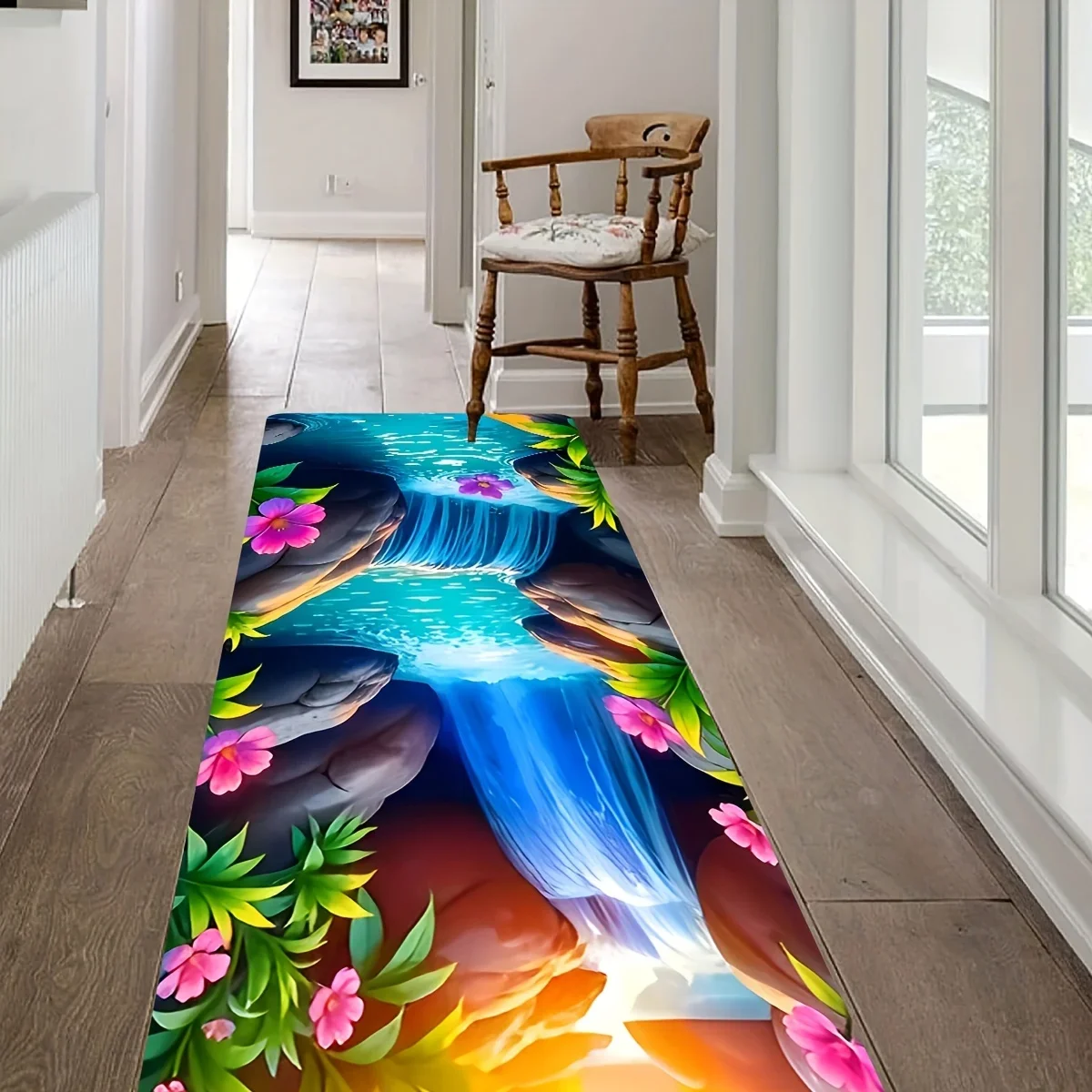 -1pc Dreamlike Colorful Water Flow, Rock, And Flower Printed Long Corridor Carpet, Runway Mat, Perfect for Hallways, Porches,