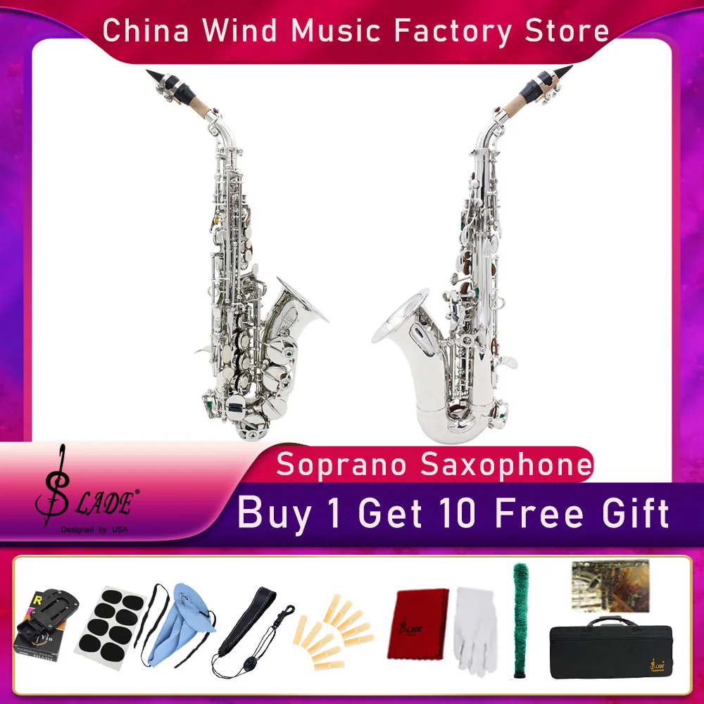 

SLADE Silver Soprano Saxophone B Flat Soprano Sax Woodwind Instrument Buy 1 Get 10 Free Gifts Sax Part for Beginner Student