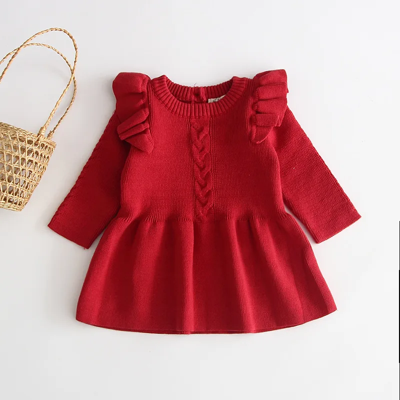 Fashion Girl Spring Autumn Girls Knitted Dress Fashion Princess Ruched Dresses Baby Long Sleeve Clothing