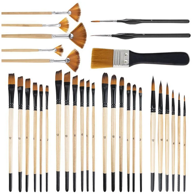 IALJ-32Pcs Paint Brushes Kit For Acrylic Painting,Premium Nylon Bristles With Round, Filbert, Flat, Fan, Angle, Fine Detail Brus