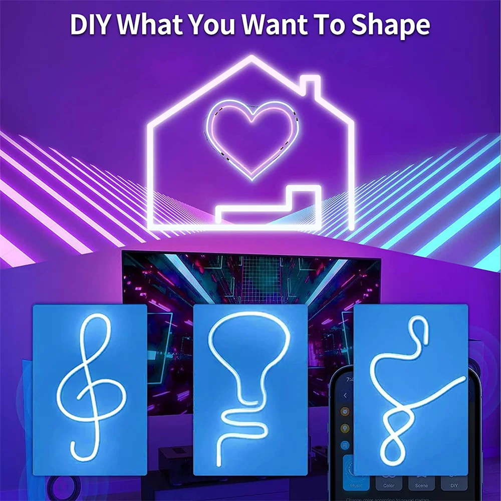 2/5M LED Flexible Silicone Neon Light Strip App Control RGBIC Dimmable Neon Backlight Lamp for Home Neon Sign Decor Lighting