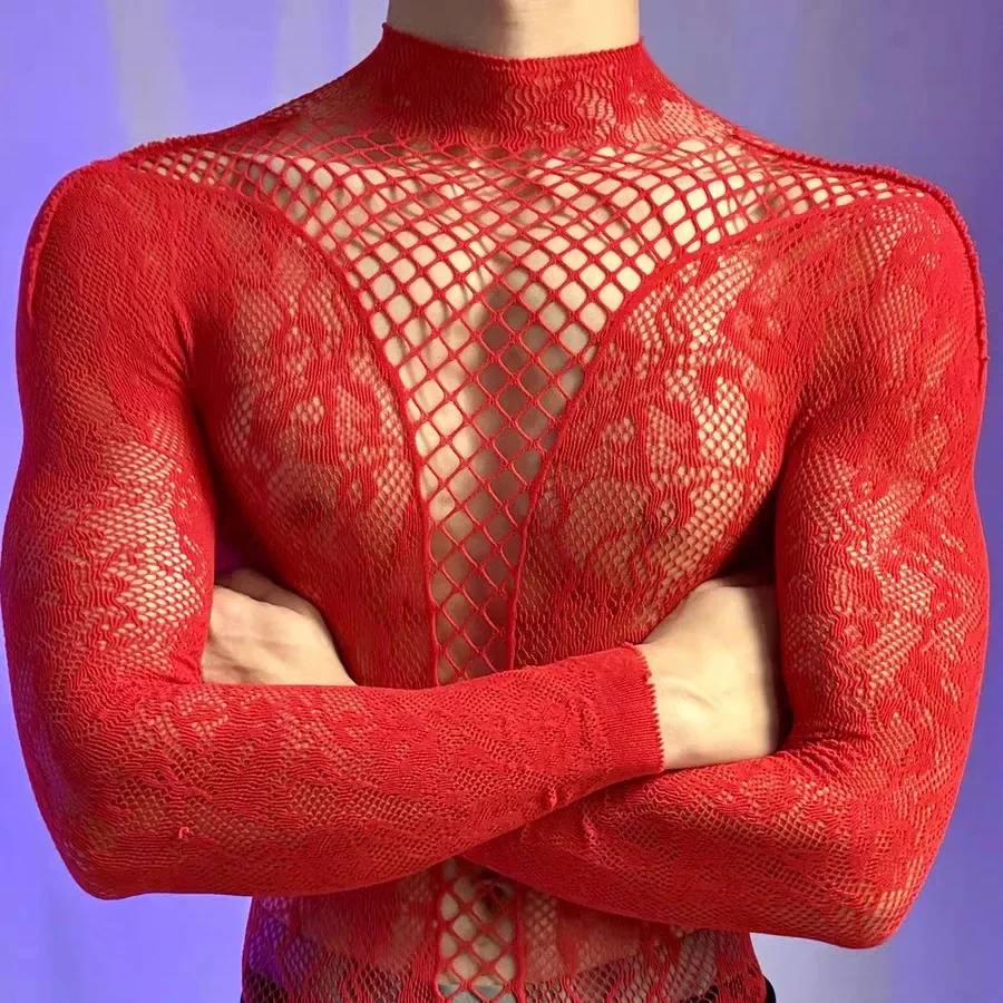 Men's Christmas Bodysuits Male Long Sleeved Uniforms Autumn Winter Underwear Fetish Breathable Gentlemen Mesh Clothes White Red image 2