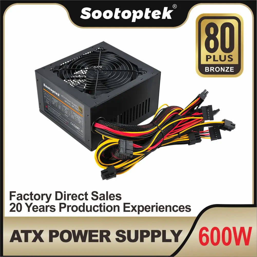 China Manufacturer 20+4Pin Connector Oem 600W PC Power Supply APFC Wide Voltage 230V for ATX Computer Case