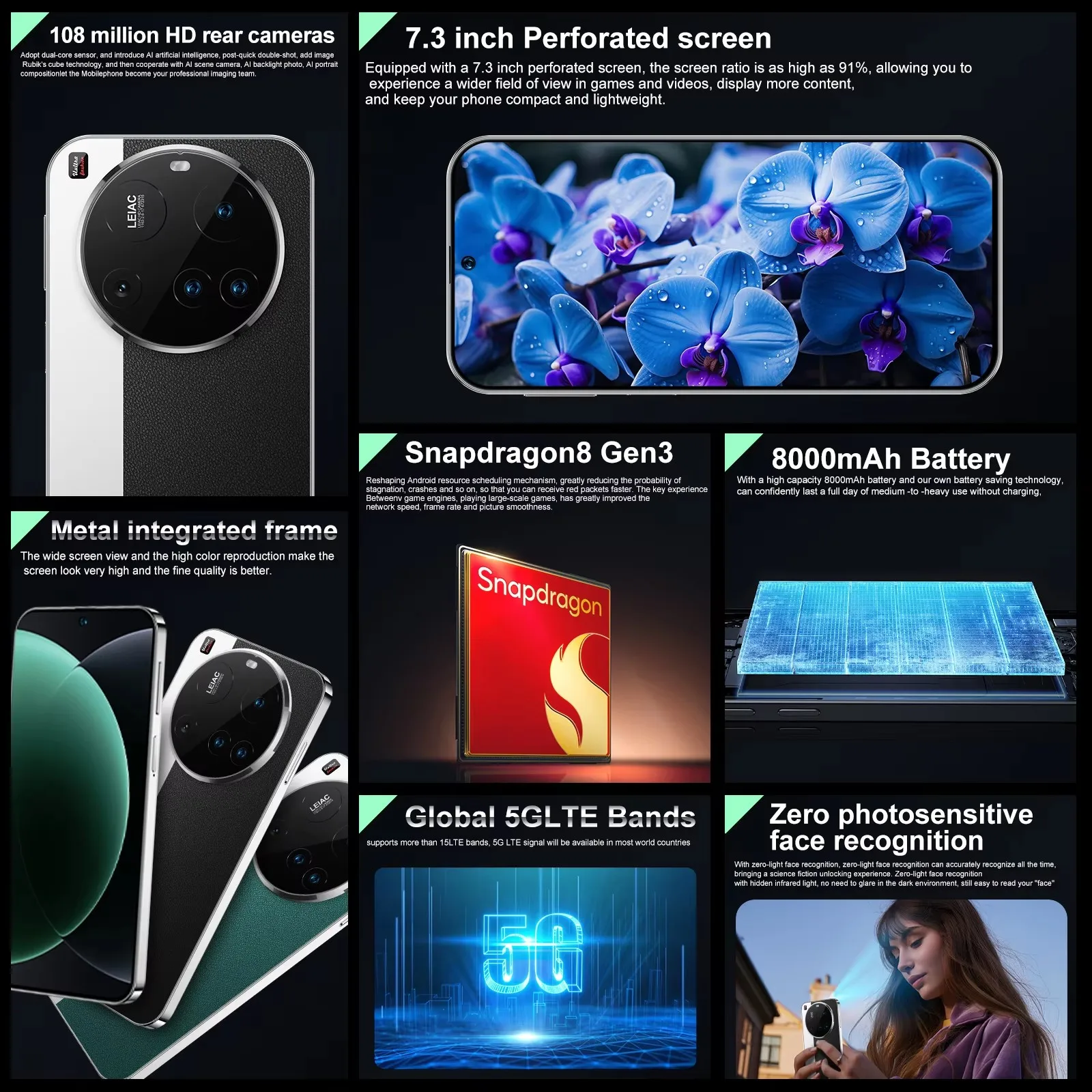 العلامة التجارية الجديدة M15 Ultra الهاتف الذكي 7.3 بوصة HD 16GB + 1 تيرا بايت هاتف محمول 50 + 108MP ثنائي الشريحة 5G الهواتف المحمولة 8000mAh Android15 غير مقفلة