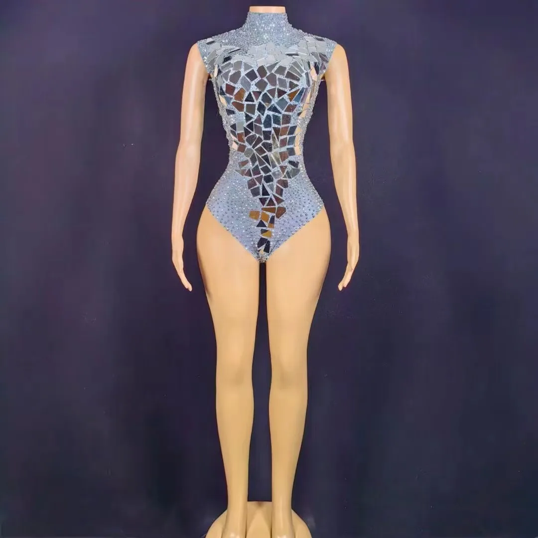 Body de diamantes de imitación con espejos plateados brillantes para mujer, traje de actuación de baile Sexy, leotardo sin mangas para club