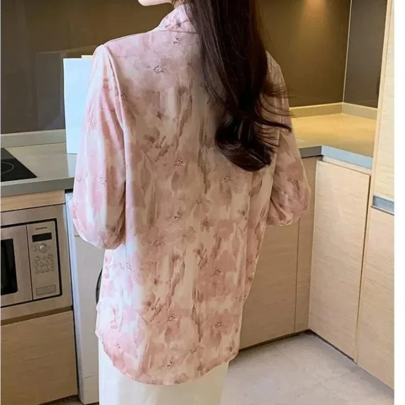 Spring Autumn Tie Dye Turn-down Collar Chiffon Button Lantern Long Sleeve Cardigan Shirt Casual Loose Fashion Elegant Tops