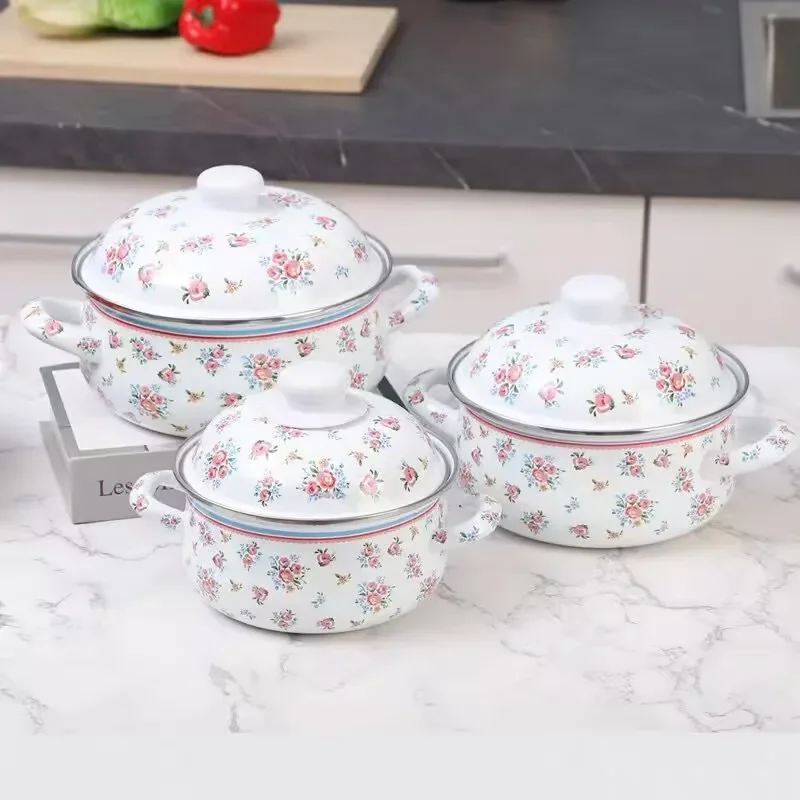

Кастрюли для супа, фарфоровые эмалированные утолщенные кухонные аксессуары, газовая плита общего назначения, посуда для ежедневного приготовления пищи, легкая чистка