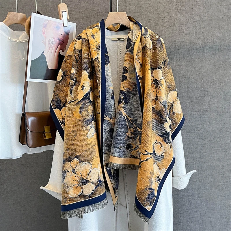 

Winter Plum Blossom Pattern Tassel Scarf Mature Imitation Cashmere Shawl Autumn Cold Proof Windproof Scarf Poncho Stoles