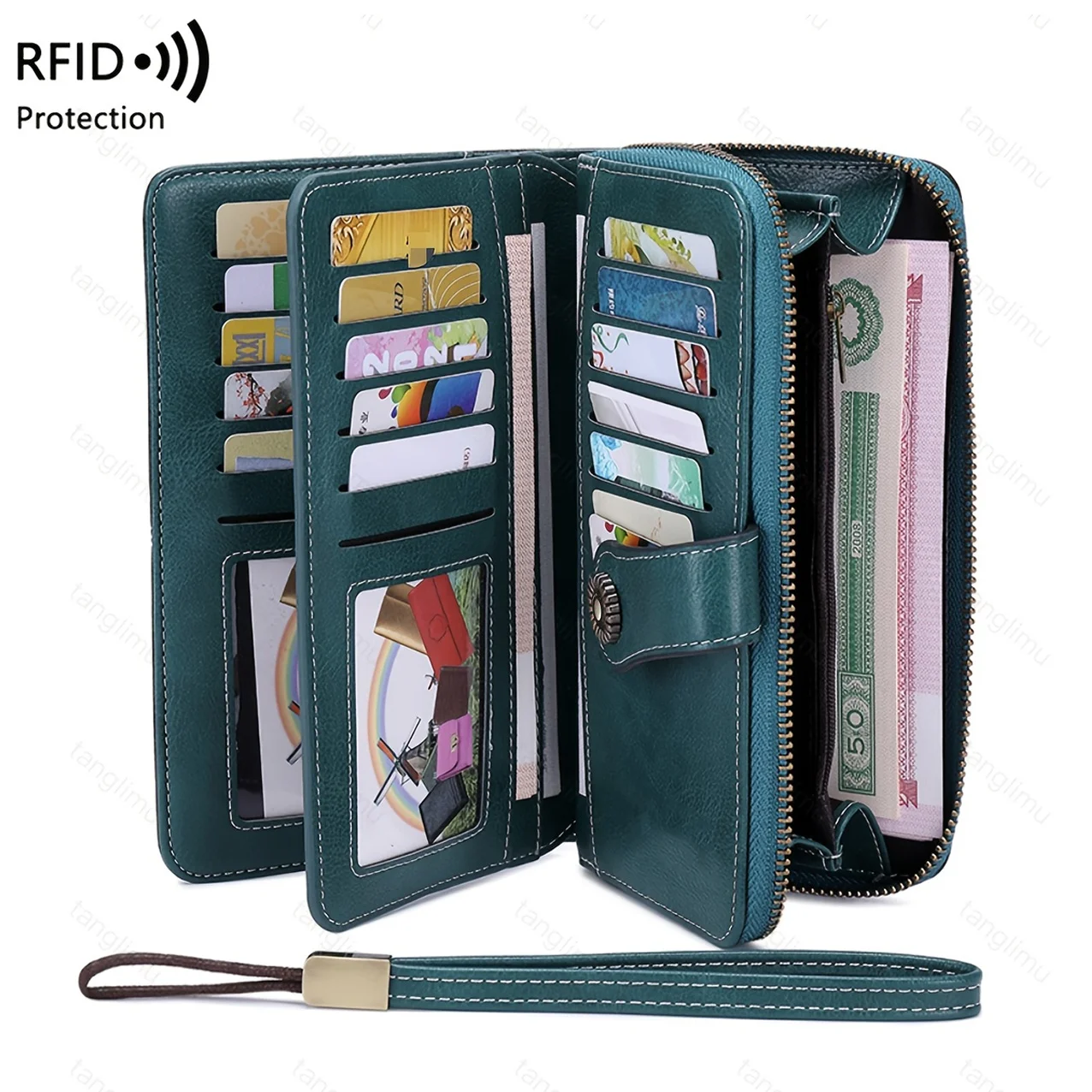 RFID anti-theft brush men's and women's wallet, European and American retro leather long wallet clutch, oil wax leather cut out multi-card slot wallet, large capacity zipper 70% off clutch, card holder coin bag coin purse hand bag