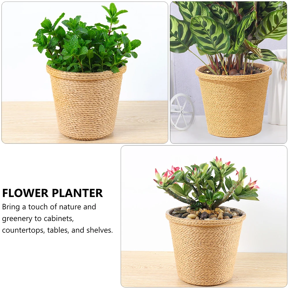 

Straw Flowerpot Vintage Storage Holder Retro Planter Bucket Creative Flower Vase Seaweed Material Makeup Brush Organizer Leak