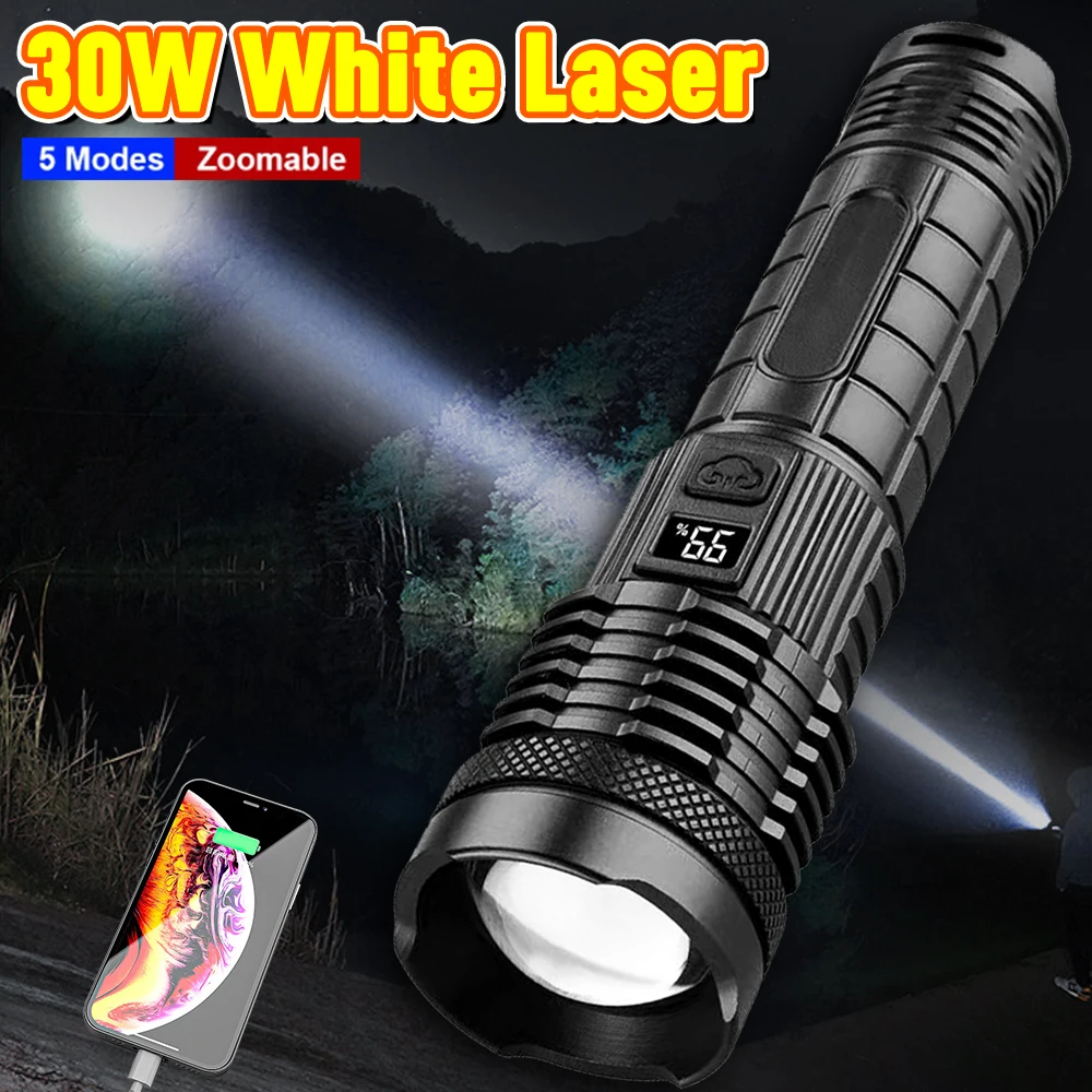 

Long Shot LED Flashlight USB Rechargeable Zoomable Camping Lantern Waterproof 5Modes Torch Outdoor Power Bank18650 Laser Light