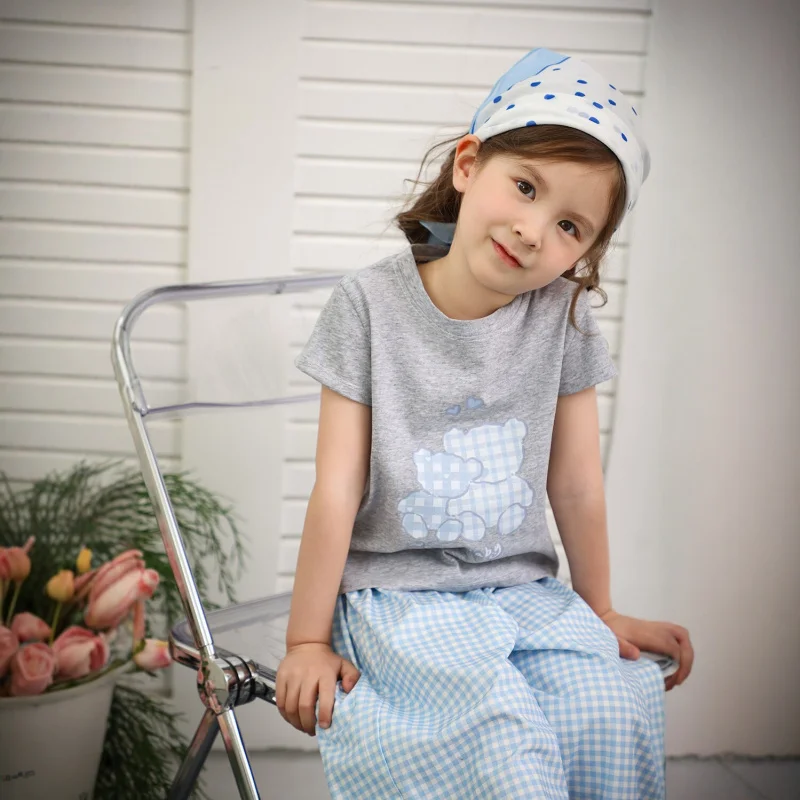 

Girls' Summer New Pure Cotton Outfit: Plaid Wide-Leg Pants Two-Piece Set, Casual and Cute Baby Clothes