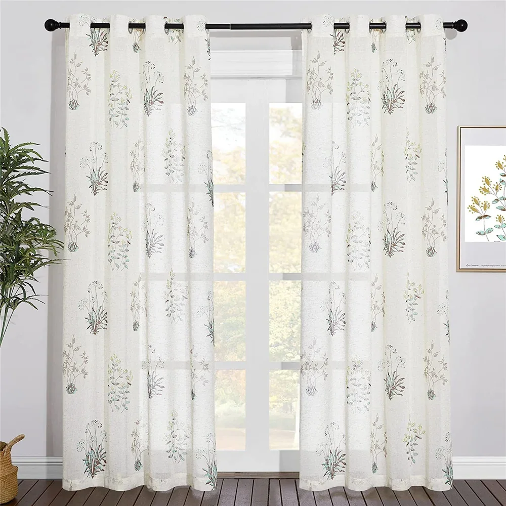 

RYBHOME 1pc Plant Print on Linen-textured Semi-sheer Curtains for Porch Exterior Voile Curtains for Living Room Luxury European