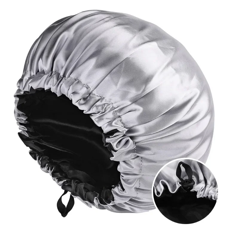 Adjustable Satin Bonnet for Women Nightcap Double Layer Round Shower Caps Night Sleep Polyester Hat Monochromatic Black Lining