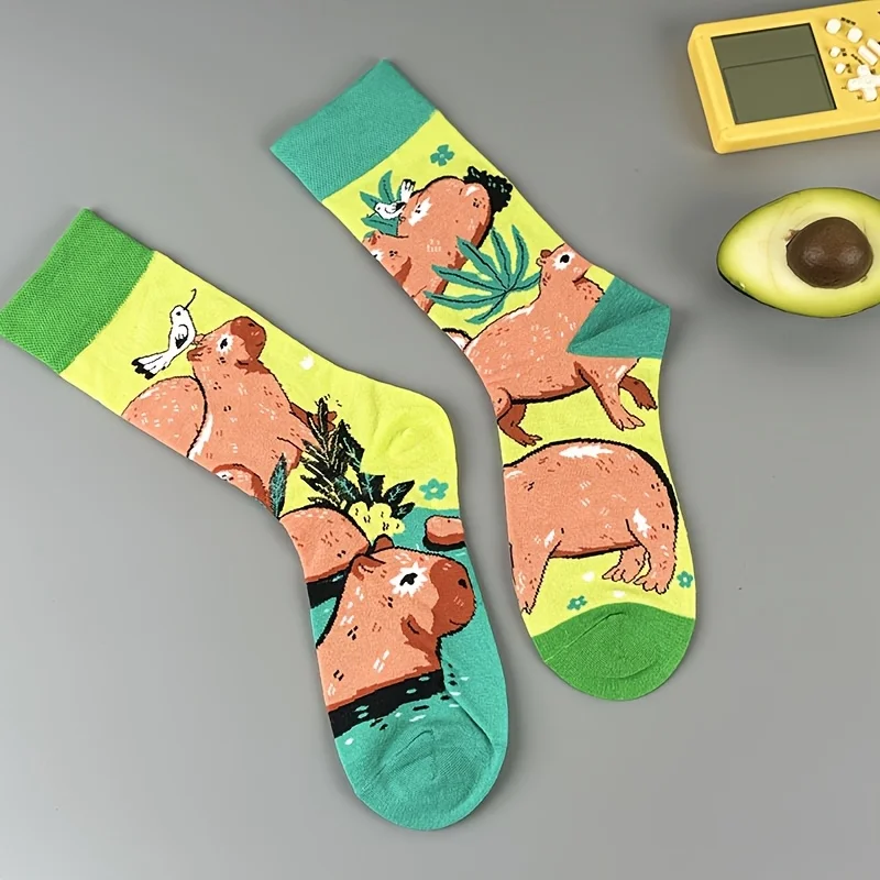 1 pair Women's Cute Capybara Print Mid-calf Socks - Fresh Contrast Color Soft & Comfy Daily Socks