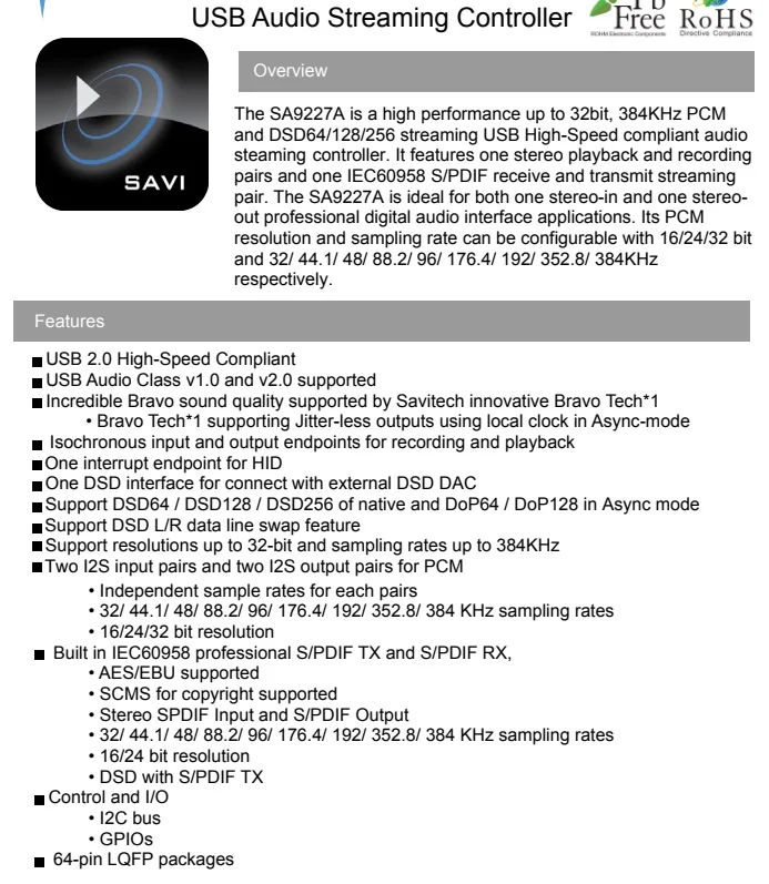 SA9227 USB do SPDIF optyczne i2s. 32bit 384K DSD256 Suooprt AC3,DTS, cyfrowe wyjście źródłowe DOLBY