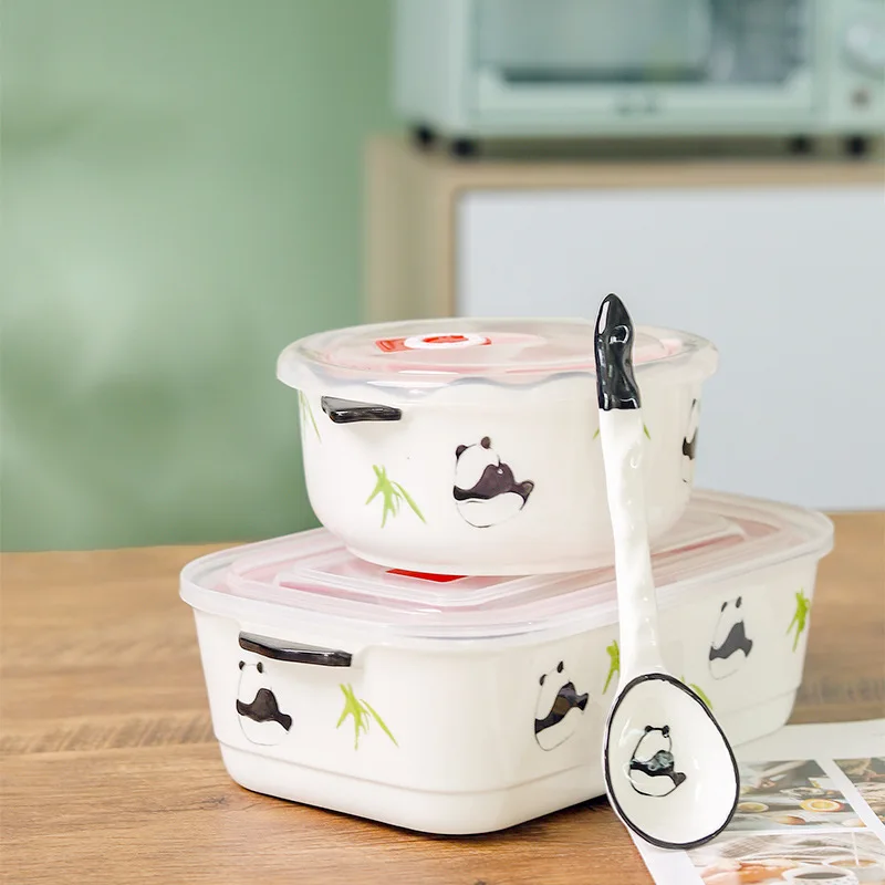 

Cartoon Ceramic Underglaze Color Three Grid Children's Lunch Box, Household Microwave Heated Bento Box, Tableware with Spoon