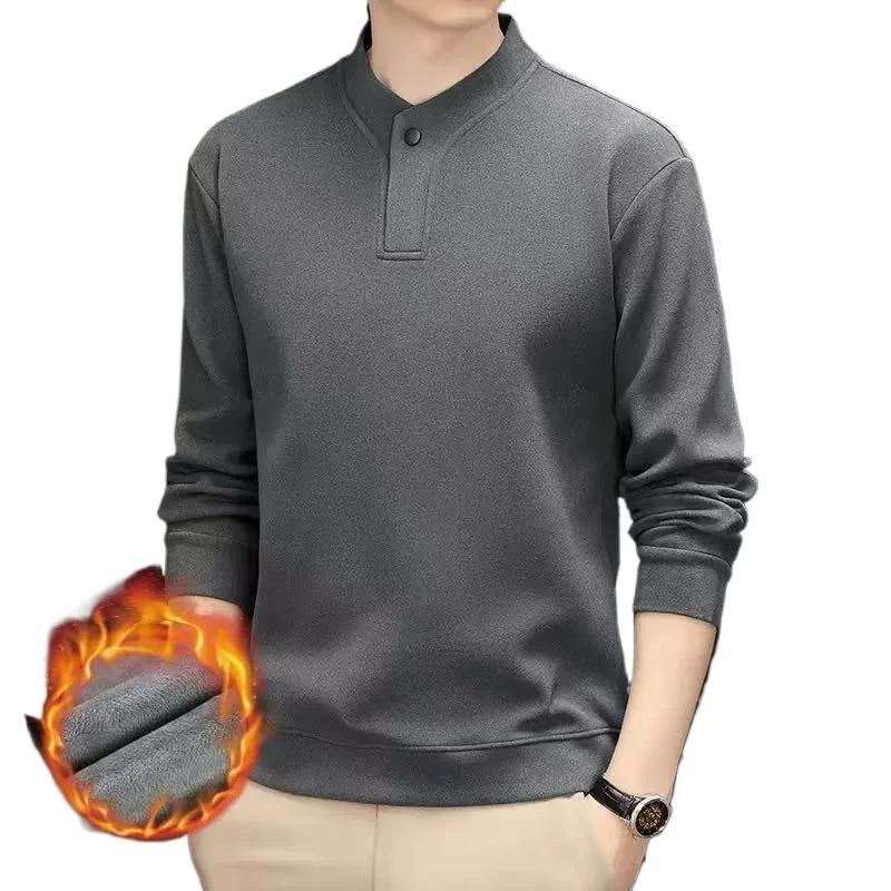 

Plus Fleece Thicken Men Autumn Winter Polo Shirts Solid Color Half High Collar Thermal Bottoming Korean Casual Button Daily Tops