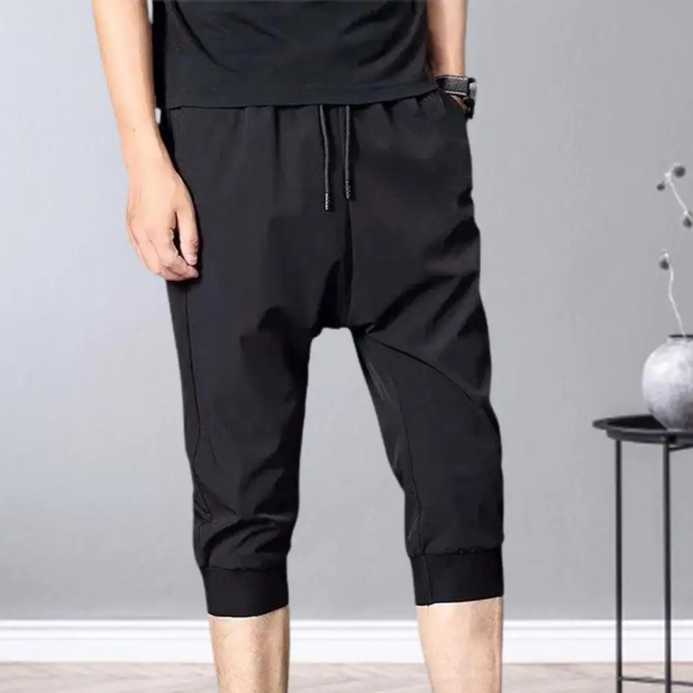 Cropped Trousers Loose Type Quick Dry Drawstring Ankle-banded Stretchy Waist Cropped Trousers Men Sweatpants Anti-pilling