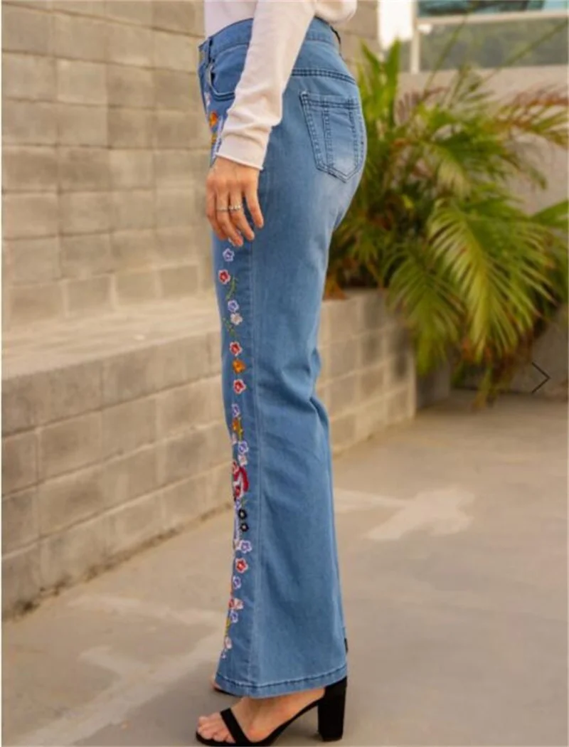 Elegant Embroidered Flowers Micro Flared Jeans Women\'s Intelligent Style Mid Waist Button Splicing Denim Pants Washable Trousers