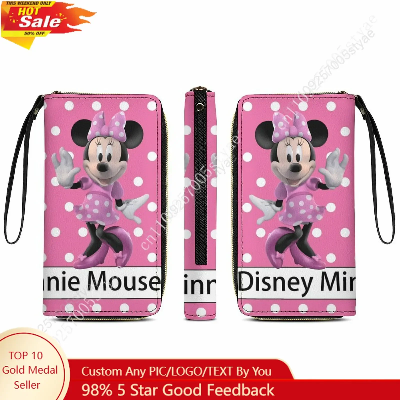 

Minnie Mouse Leather Wallet Disney Licensed Customizable Personalized Design Your Pattern Portable Design Double-sided Printing
