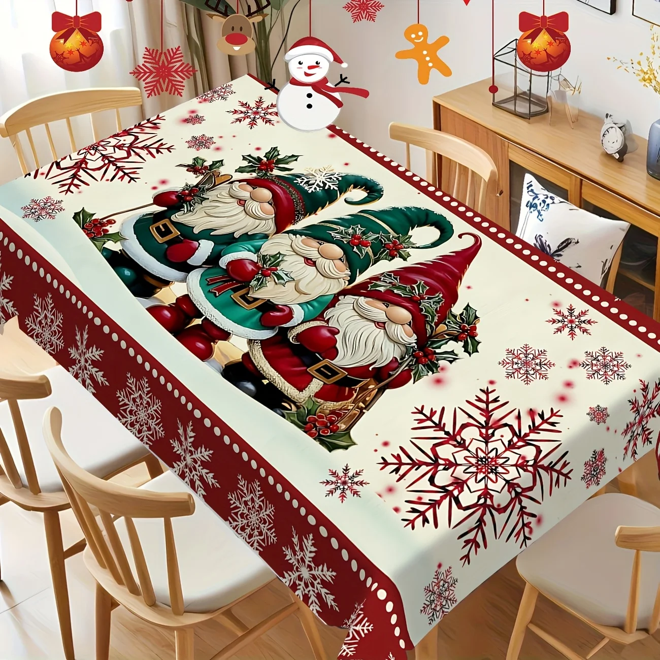 Merry Christmas Gnomes Snowflakes Tablecloth for Table Decor Winter Xmas Berries Kitchen Dining Table Cloth Navidad Decorations