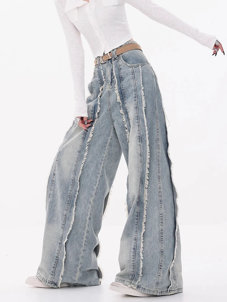 Vintage Ripped Jeans Women High Waist Wide Leg Tassel Denim Pants Couple Baggy Pants Fashion Denim Pants Loose Casual Trousers