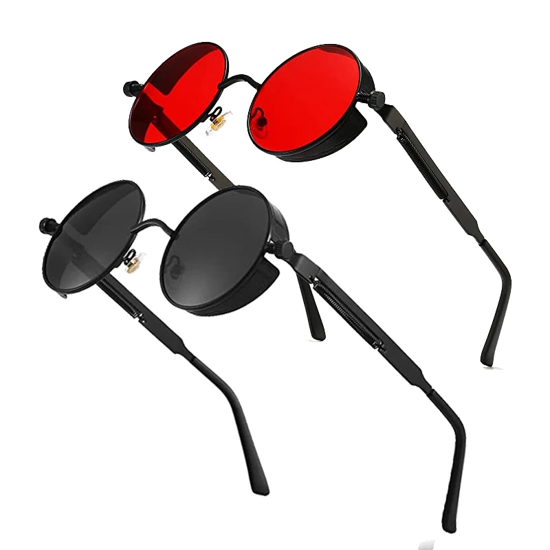 

Gothic Steampunk Sunglasses Men Round Red Lens Punk Sun Glasses High Quality Metal Frame Sun Glasses Women UV400 Shades