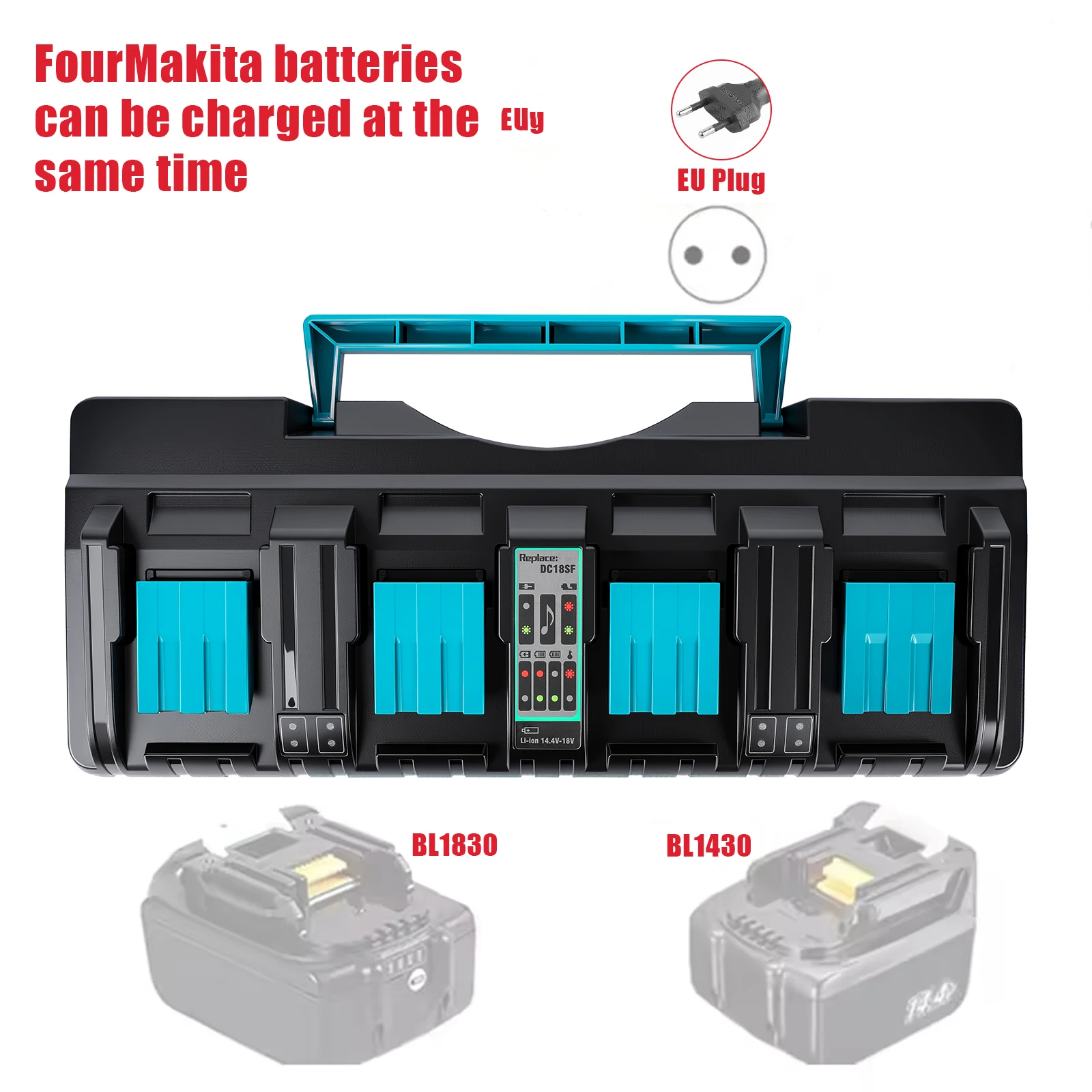 Caricabatterie a 4 porte, 14,4 V-18 V, 8 A, per batterie al litio BL1415, BL1815, BL1430, BL1830, con protezione multipla e indicatore LED.