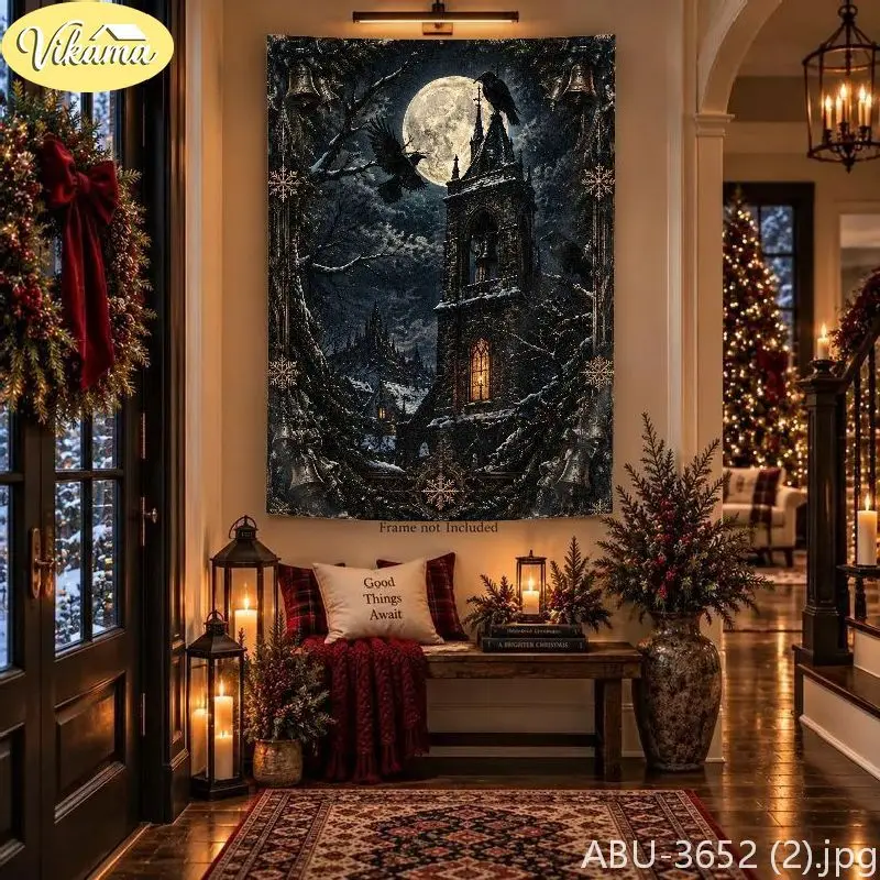 VIKAMA Macabre Skeletal Grimoire Candle Holly Berry Wall Tapestry Noir Victorian Occult Witchcraft Festive Room Home Decor Boho