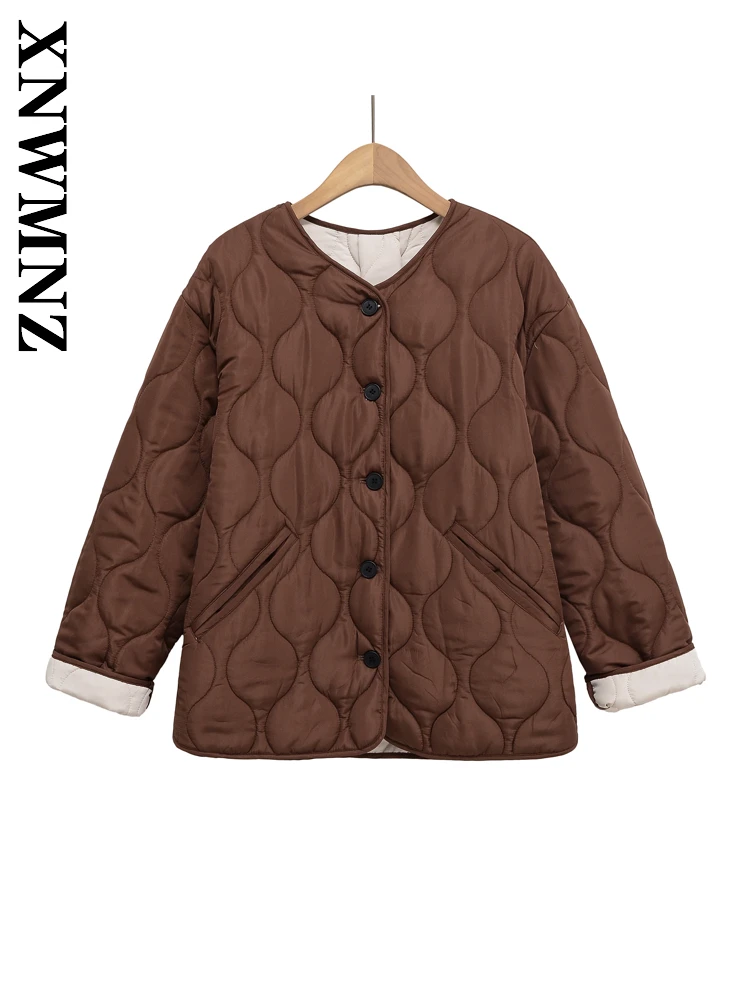

XNWMNZ 2025 Spring New Woman's Chic Simple V-Collar Long Sleeve Padded Jacket Fashion Casual Women Clothing BROWN Commuting Top