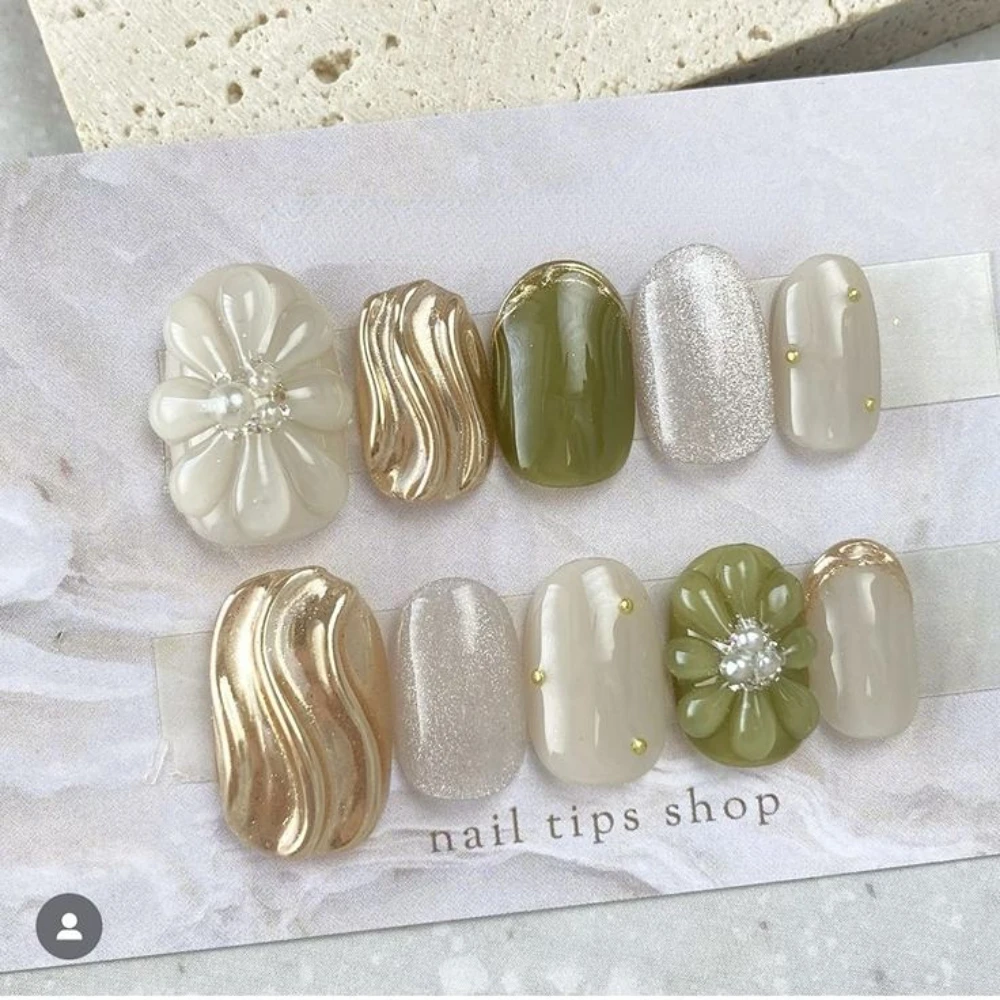 Ensemble de limes à ongles pour salon de manucure, fausses fleurs et perles, faites à la main, mignonnes, courtes, ovales, N64.Art N64.10 pièces