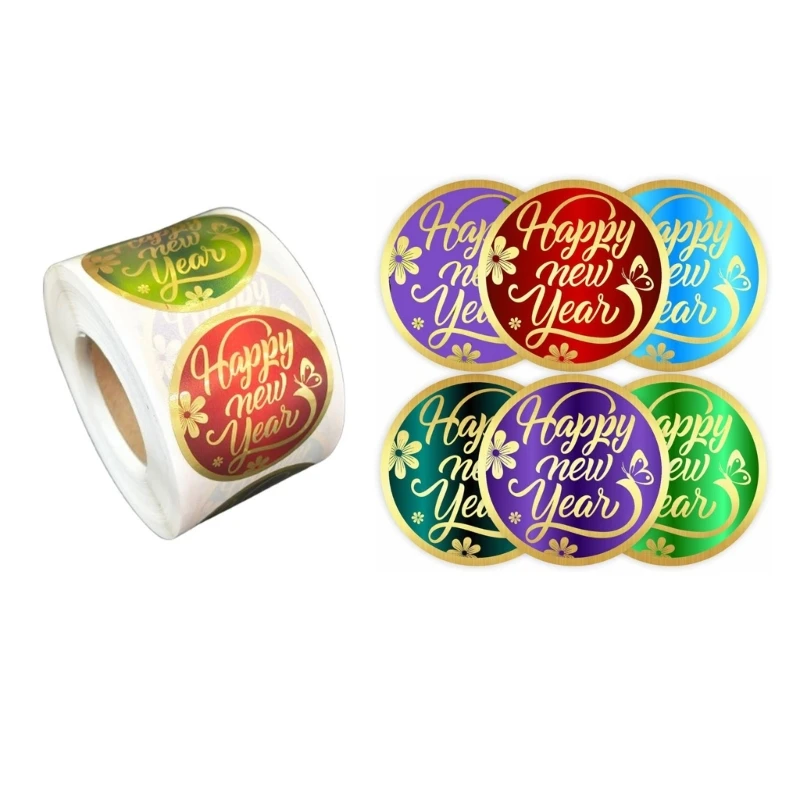 Happy New Year Sticker Seals Labels Round Gold Foil Stamping Labels Self-Adhesive Sticker for Cards Gift Envelopes Boxes