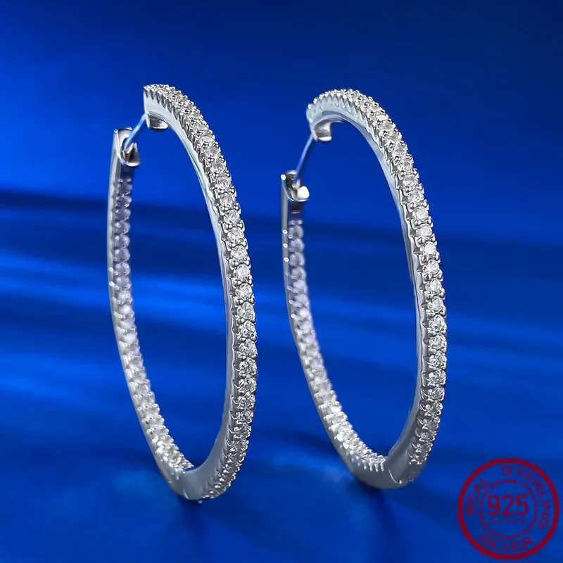 

New S925 sterling silver large earrings with high carbon diamonds, simple ear loops, fashionable and versatile wedding jewelry