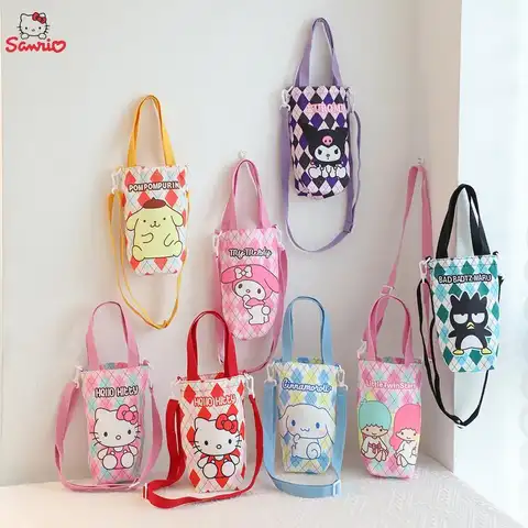 Sanrio Hello Kitty Cinnamoroll Water Bottle Bag Cute Figure Kuromi Pochacco Canvas Mug Bags Crossbody Tote Girls Birthday Gifts