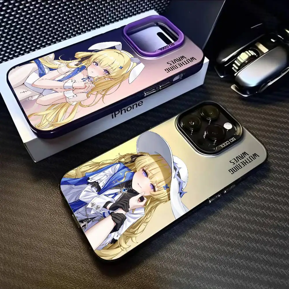 

Phoebe Cute Wuthering Waves Phone Case For IPhone 16 15 14 13 12 11 Pro Max Black Matte Multicolor Laser Metallic Aurora Funda