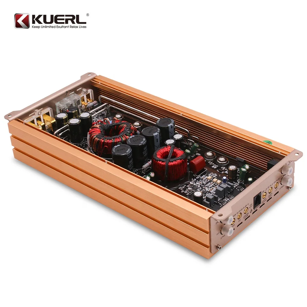 Brushed aluminum alloy K-1200.1D gold 1000W Professional High Power MONO 1-Ch Channel Class D Car Amplifier RMS 1000W@1Ω 600W@2Ω