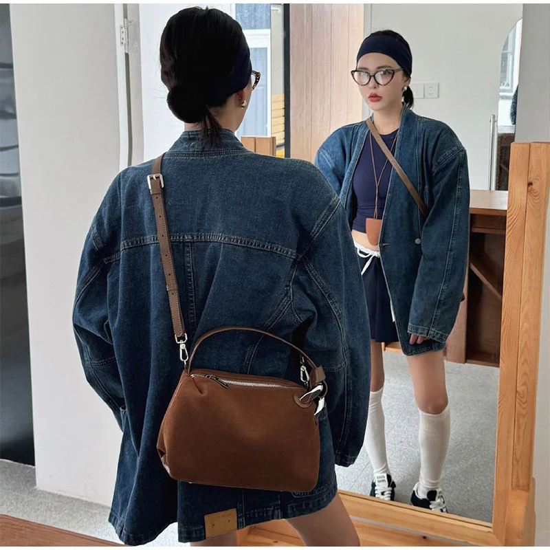 Natural Suede Pillow Bag Handbag Women Underarm Saddle Bag Metal Handle Crossbody Pouch Long Shoulder Strap Design Messenger Bag
