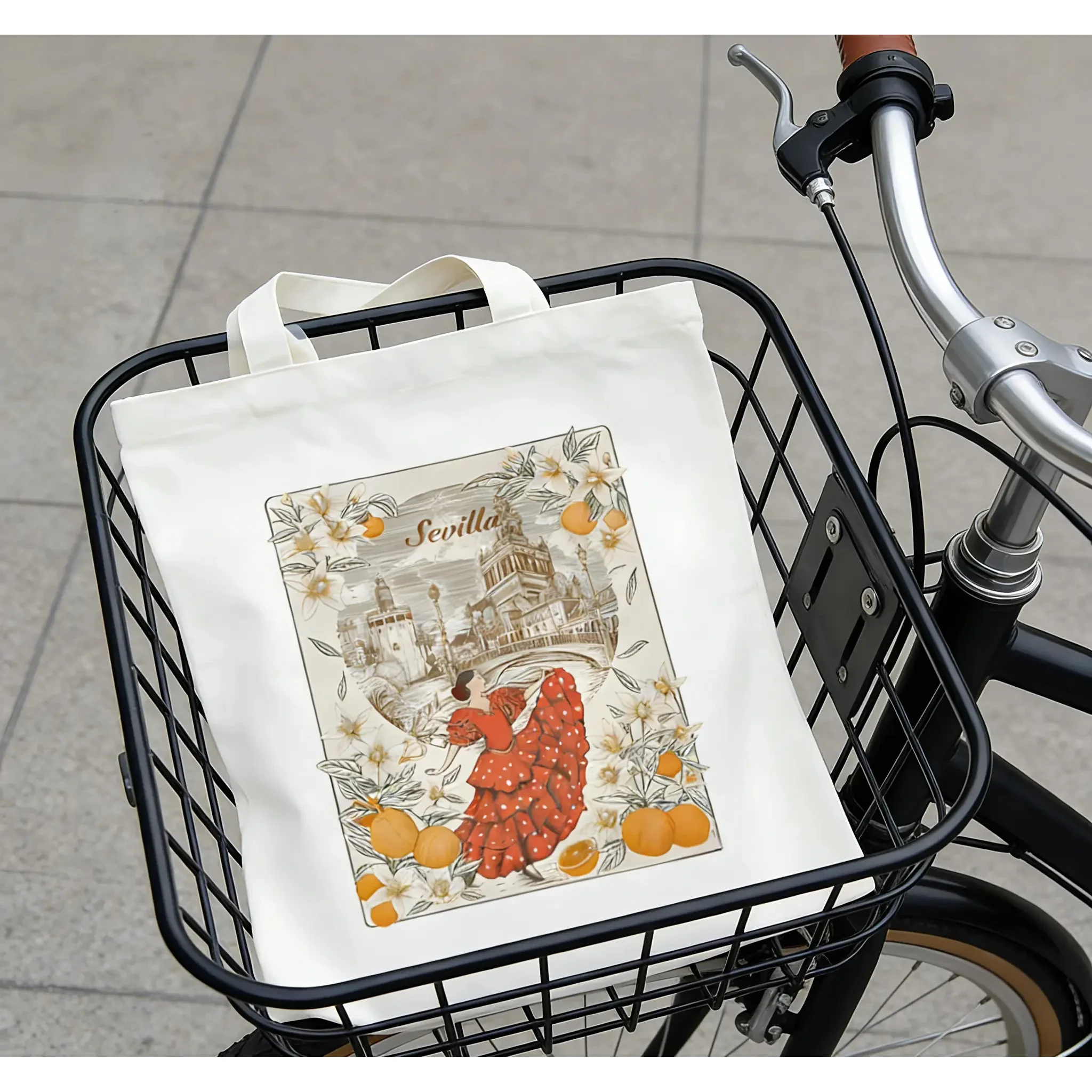 Bolso Tote Estilo Sevilla con Estampado Plano 2D - Diseño de Danza y Paisaje Urbano con Bailarina de Flamenco, Ora, Bolso de Hombro Casual