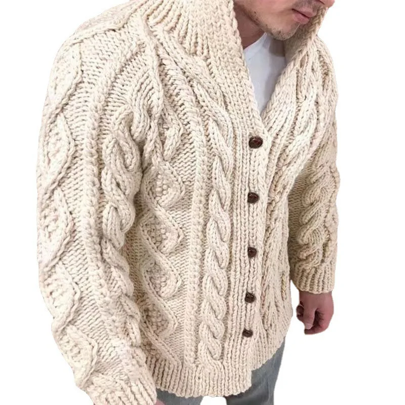 Men's Knitted Sweater 2026 Cross-Border New Style Long Sleeve Stand Collar Twist Flower Heavy Duty Open Cardigan City Walk T-...