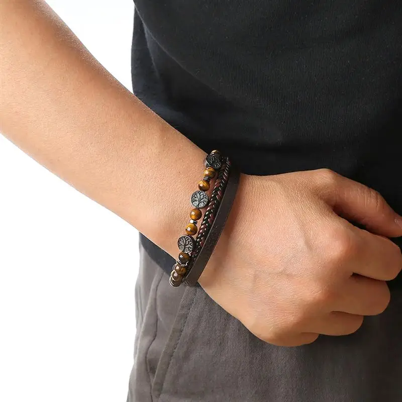 Volcano Stein Perlen Leder Armband Männer Punk Hip Hop Leben Baum Charme Multi-Schicht Leder Armband Für Männer Mode schmuck Geschenk