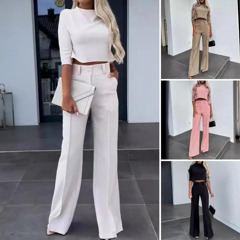 Women Solid Color Top Pants Set Elegant Women's Business Suit Set with Slim Fit Top Wide Leg Trousers Professional for Work